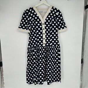Vintage Melissa Petites Navy Blue & White Polka Dot Midi Dress Sz 16
